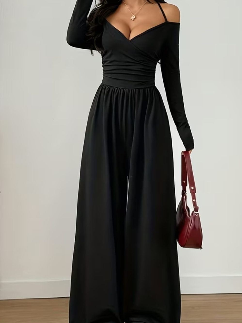 Elegant Black Wide-Leg Jumpsuit with Off-Shoulder Detail